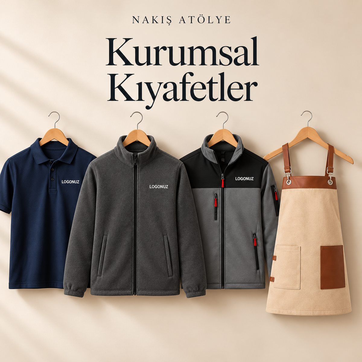 Kurumsal Kıyafetler: polo yaka tişört, fermuarsız cepli polar ceket, softshell ceket ve önlük