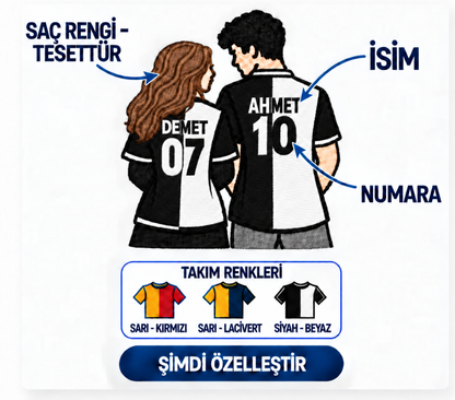 Aynı Renk İki Kalp kişiselleştirme görseli – DEMET 07, AHMET 10; saç rengi veya tesettür, isim, numara ve takım renkleri