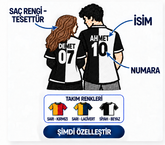 Aynı Renk İki Kalp kişiselleştirme görseli – DEMET 07, AHMET 10; saç rengi veya tesettür, isim, numara ve takım renkleri