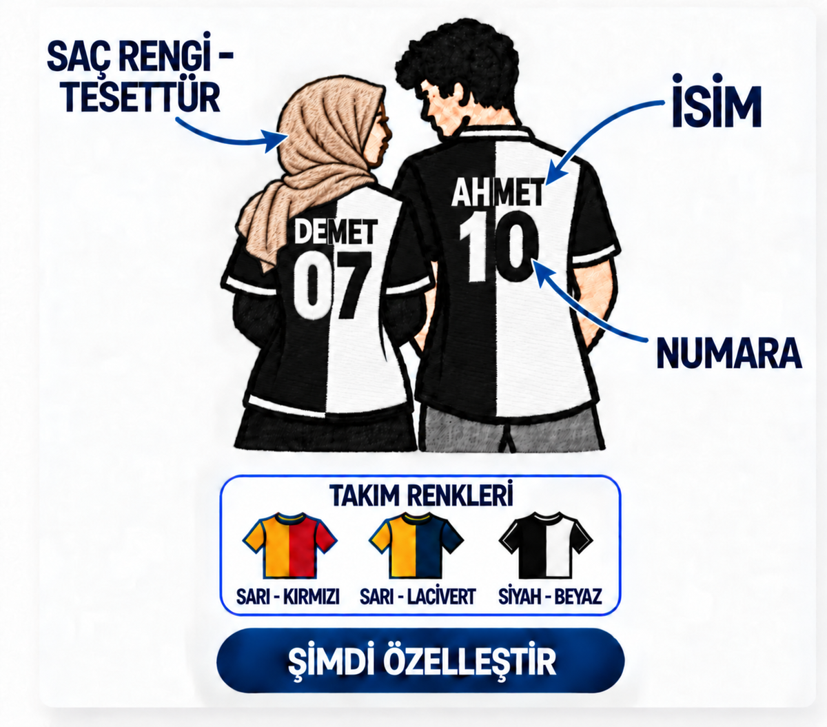 Aynı Renk İki Kalp tesettürlü çift – bej eşarplı DEMET 07 ve AHMET 10, siyah-beyaz forma ve kişiselleştirme seçenekleri