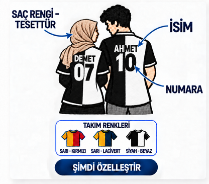 Aynı Renk İki Kalp tesettürlü çift – bej eşarplı DEMET 07 ve AHMET 10, siyah-beyaz forma ve kişiselleştirme seçenekleri