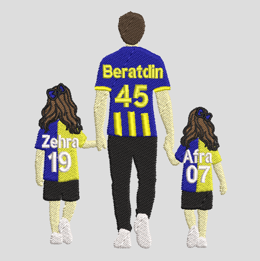 Baba ve iki kızının kişiye özel isim ve numaralı taraftar nakış tasarımı