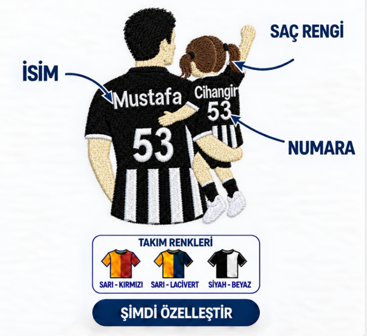 Minik Tribün Arkadaşım baba-kız tasarımı – iki kuyruklu kahverengi saçlı kız çocuk ve siyah-beyaz 53 numaralı formalar