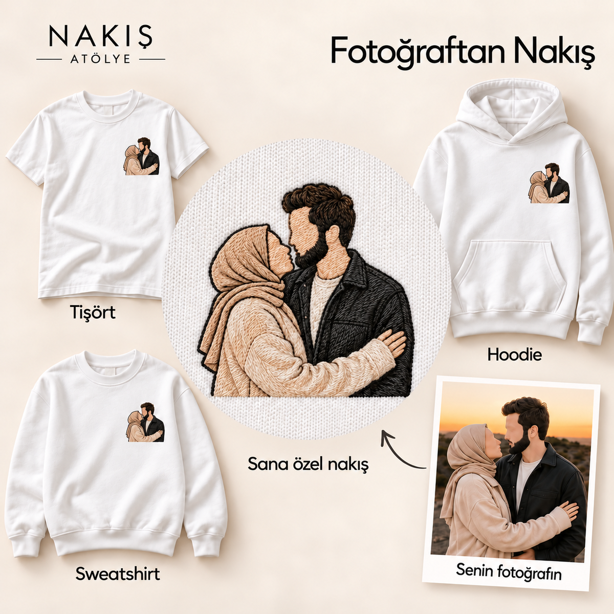 Fotoğraftan Nakış — çerçevesiz nakış detayı ve ürün seçenekleri.