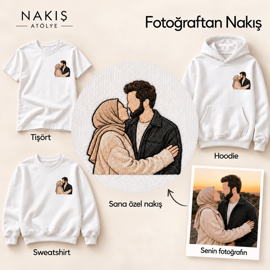 Fotoğraftan Nakış — çerçevesiz nakış detayı ve ürün seçenekleri.