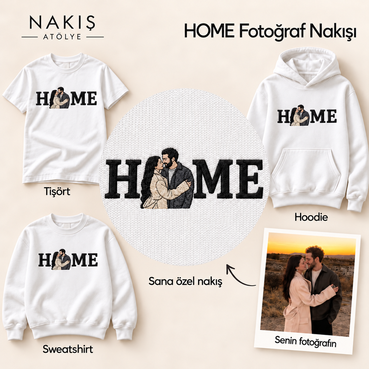 HOME Fotoğraf Nakışı — çerçevesiz nakış detayı ve ürün seçenekleri.