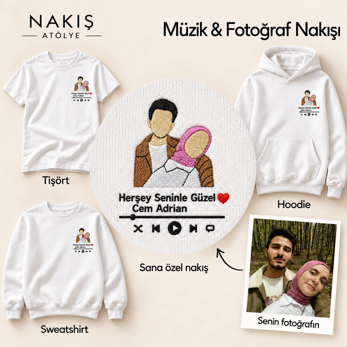 Müzik & Fotoğraf Nakışı — çerçevesiz nakış detayı ve ürün seçenekleri.