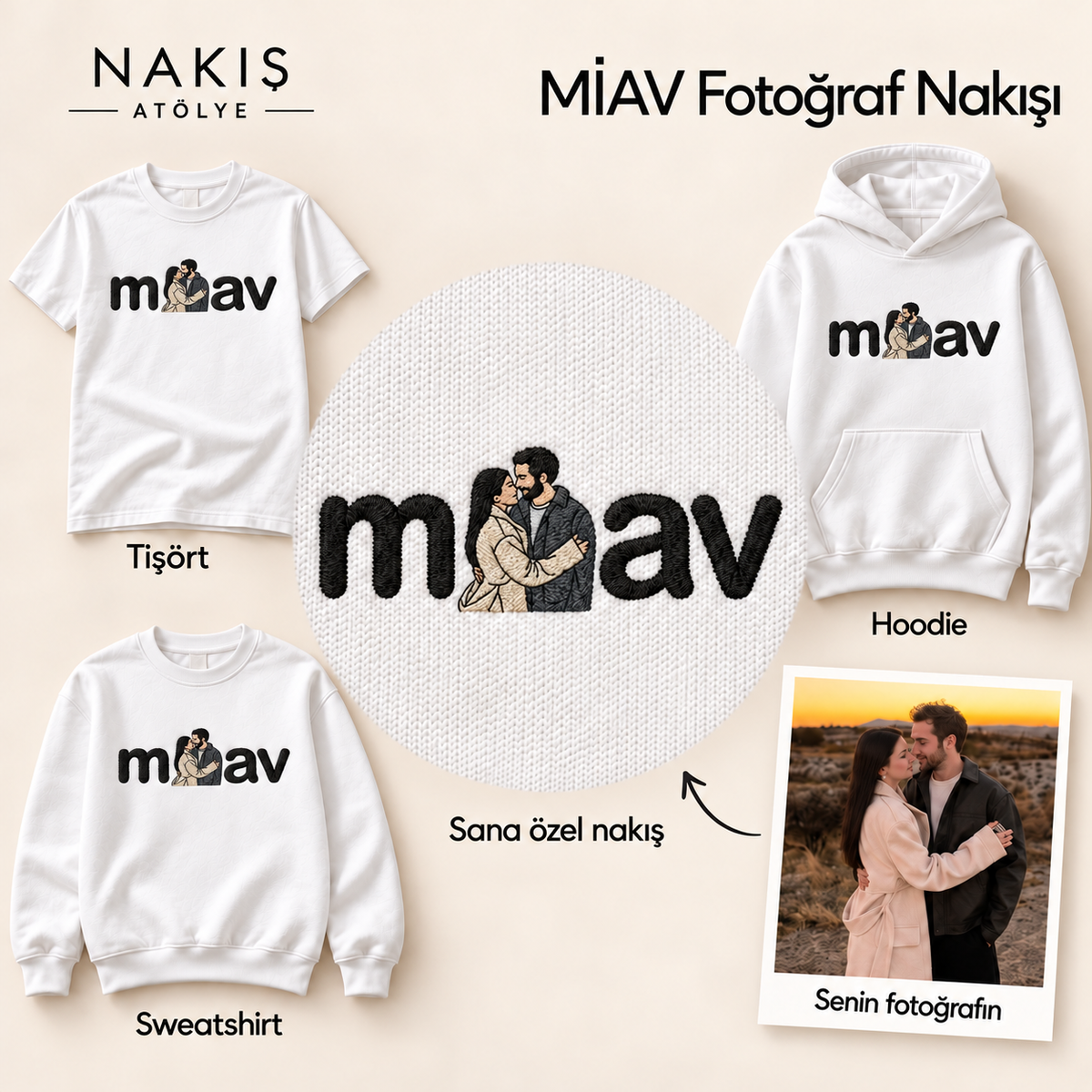 MİAV Fotoğraf Nakışı — çerçevesiz nakış detayı ve ürün seçenekleri.