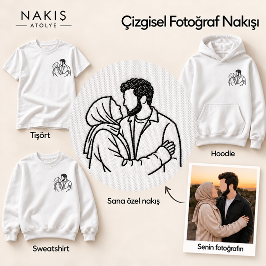 Çizgisel Fotoğraf Nakışı — çerçevesiz nakış detayı ve ürün seçenekleri.
