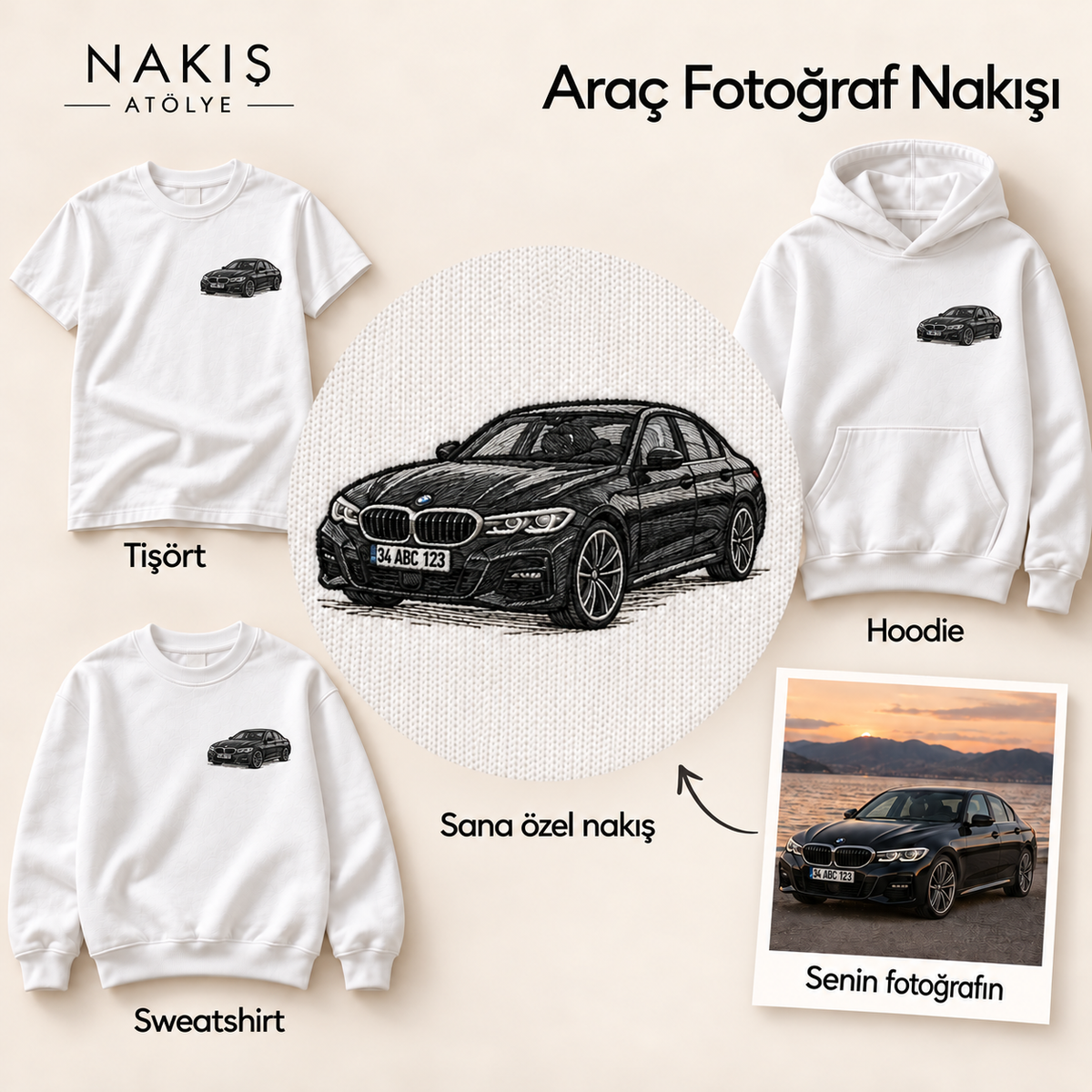 Araç Fotoğraf Nakışı — çerçevesiz nakış detayı ve ürün seçenekleri.