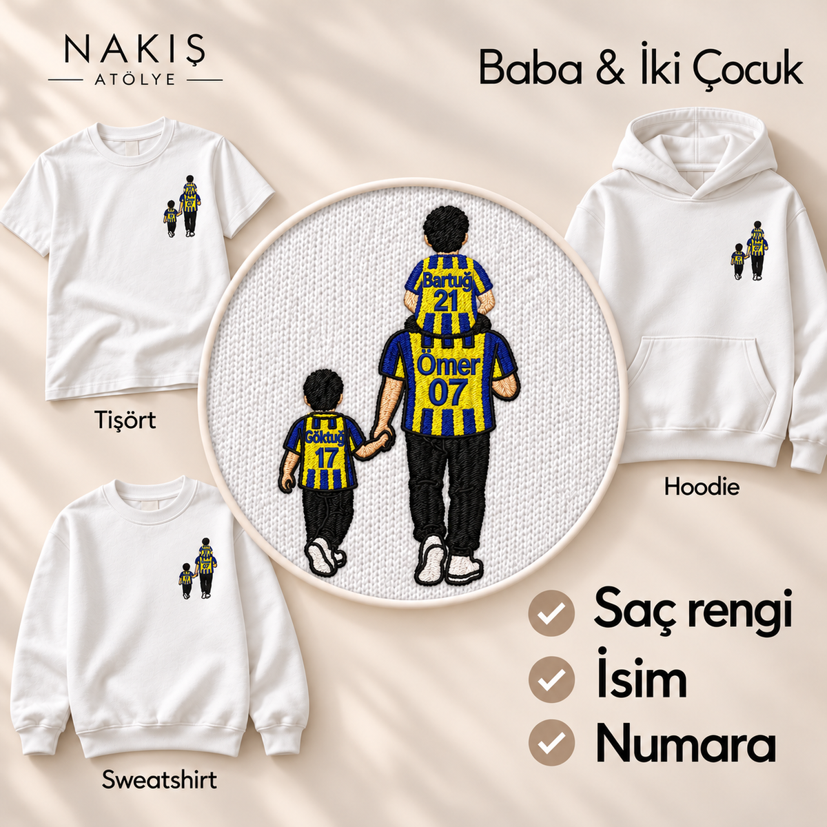Baba & İki Çocuk – kişiye özel taraftar nakışı; tişört, sweatshirt ve hoodie