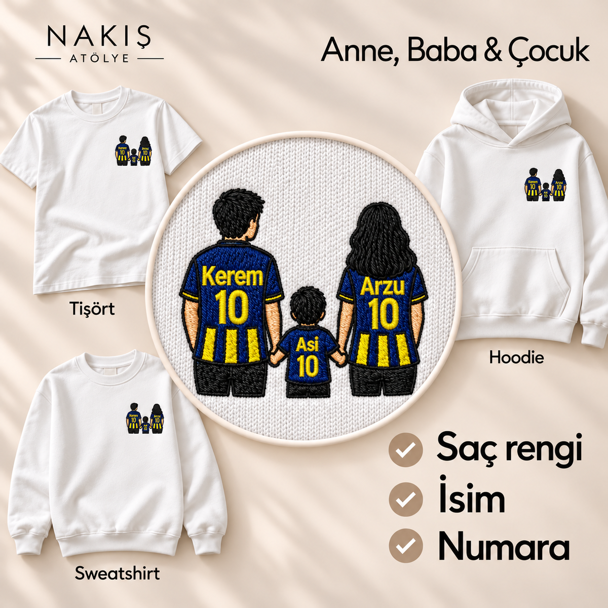 Anne, Baba & Çocuk – kişiye özel taraftar nakışı; tişört, sweatshirt ve hoodie