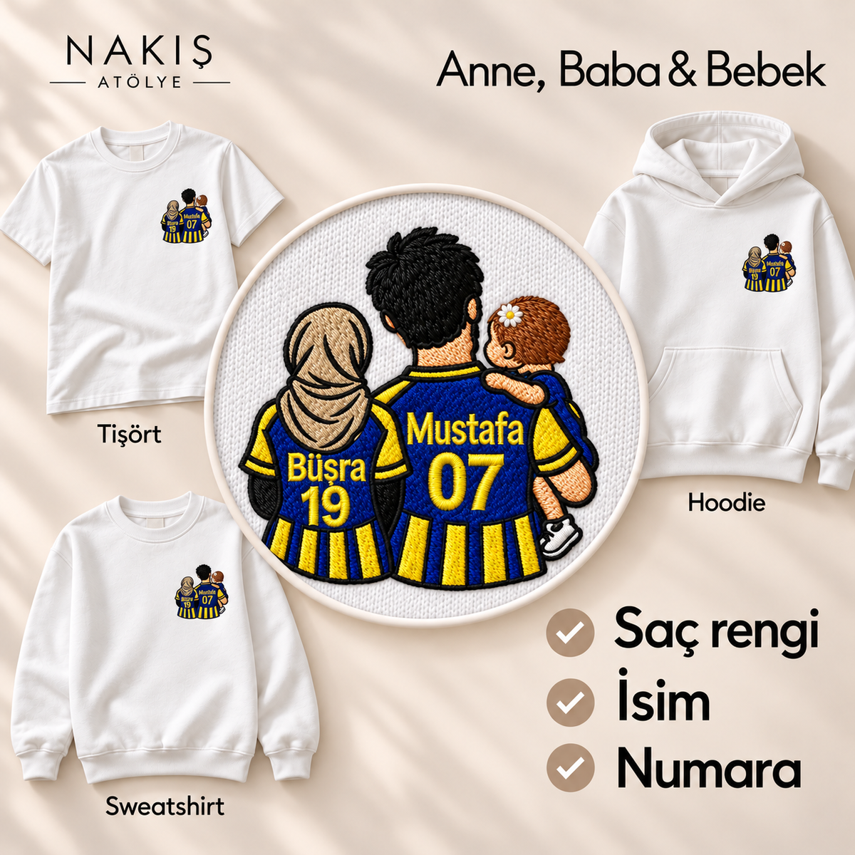 Anne, Baba & Bebek – kişiye özel taraftar nakışı; tişört, sweatshirt ve hoodie