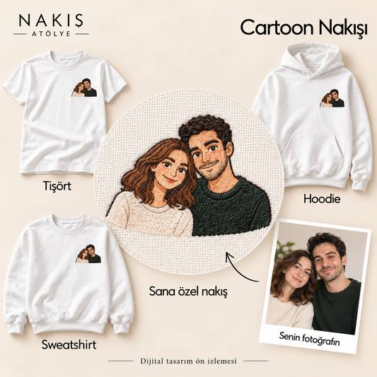 Cartoon Nakışı – tişört, sweatshirt ve hoodie üzerinde sol kalp hizasında kişiye özel nakış; dijital tasarım ön izlemesi