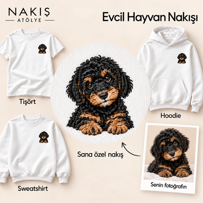 Evcil Hayvan Nakışı — çerçevesiz nakış detayı, tişört, sweatshirt ve hoodie.