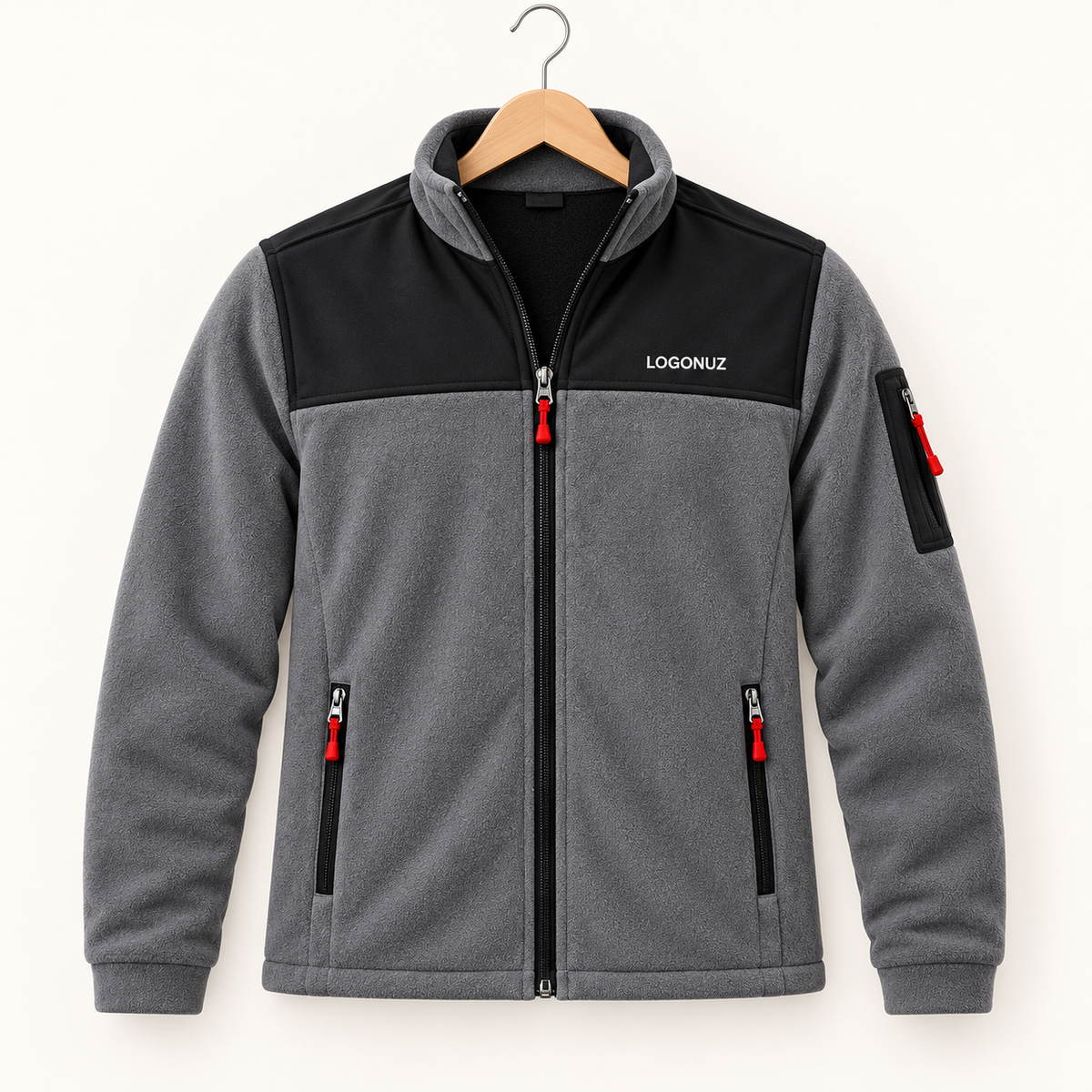 Logolu SF polar ceket — füme ve siyah