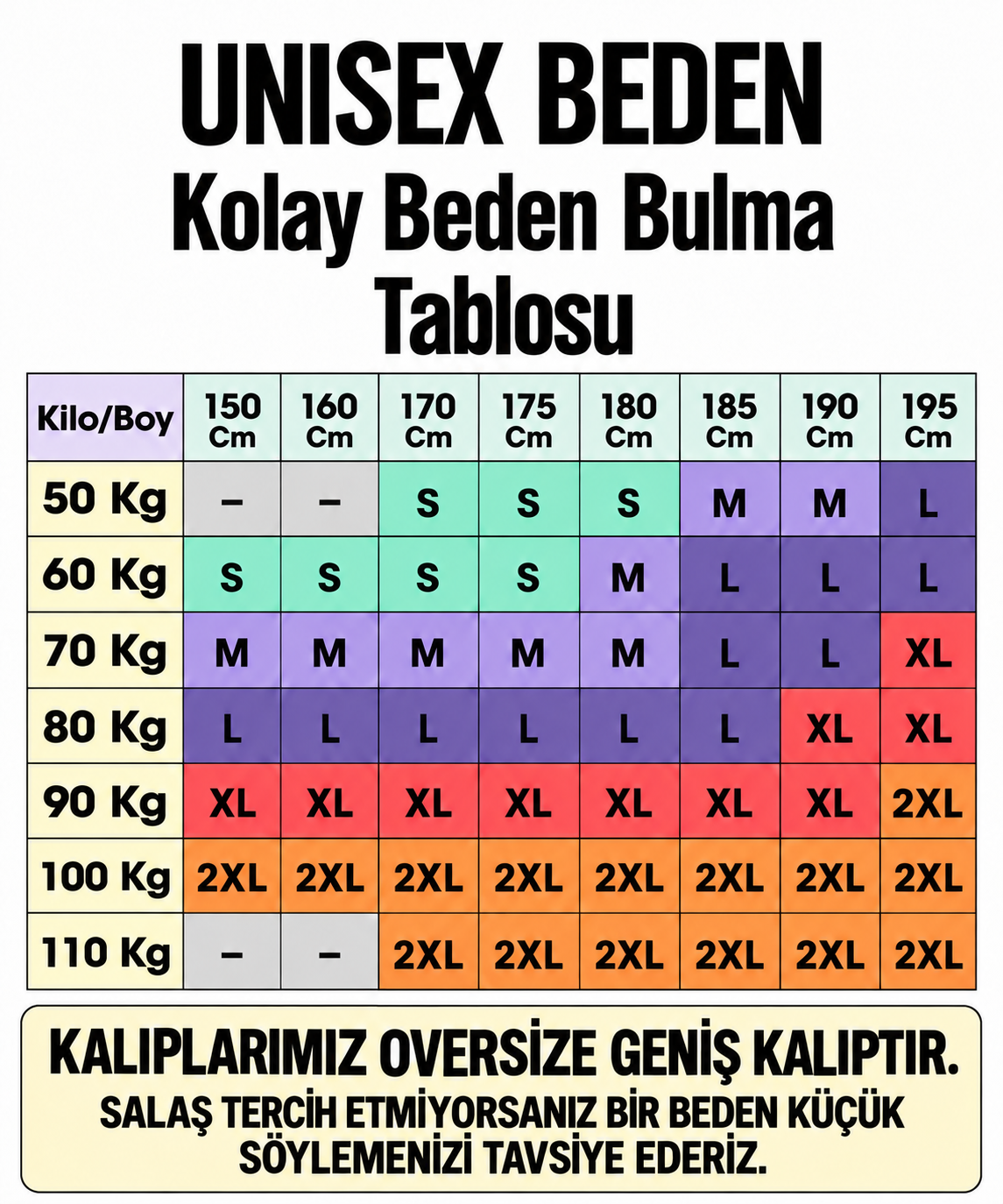 Unisex oversize beden tablosu. Kalıplarımız oversize geniş kalıptır. Salaş tercih etmiyorsanız bir beden küçük söylemenizi tavsiye ederiz.