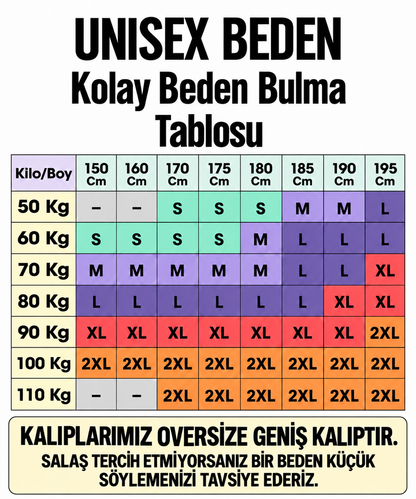 Unisex oversize beden tablosu. Kalıplarımız oversize geniş kalıptır. Salaş tercih etmiyorsanız bir beden küçük söylemenizi tavsiye ederiz.