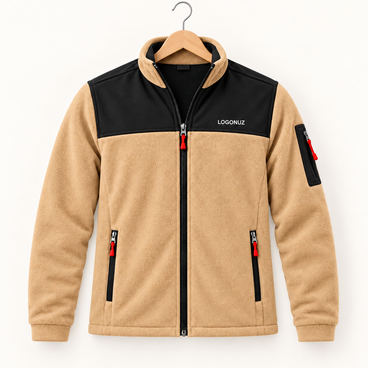 Logolu SF polar ceket — bej ve siyah, ön görünüm