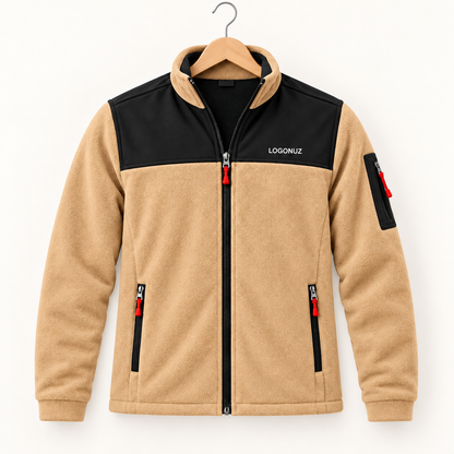 Logolu SF polar ceket — bej ve siyah, ön görünüm