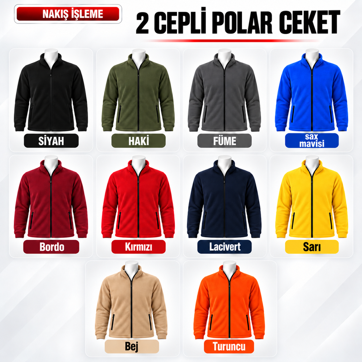 Polar ceket renk seçenekleri — siyah, haki, füme, saks mavisi, bordo, kırmızı, lacivert, sarı, bej ve turuncu