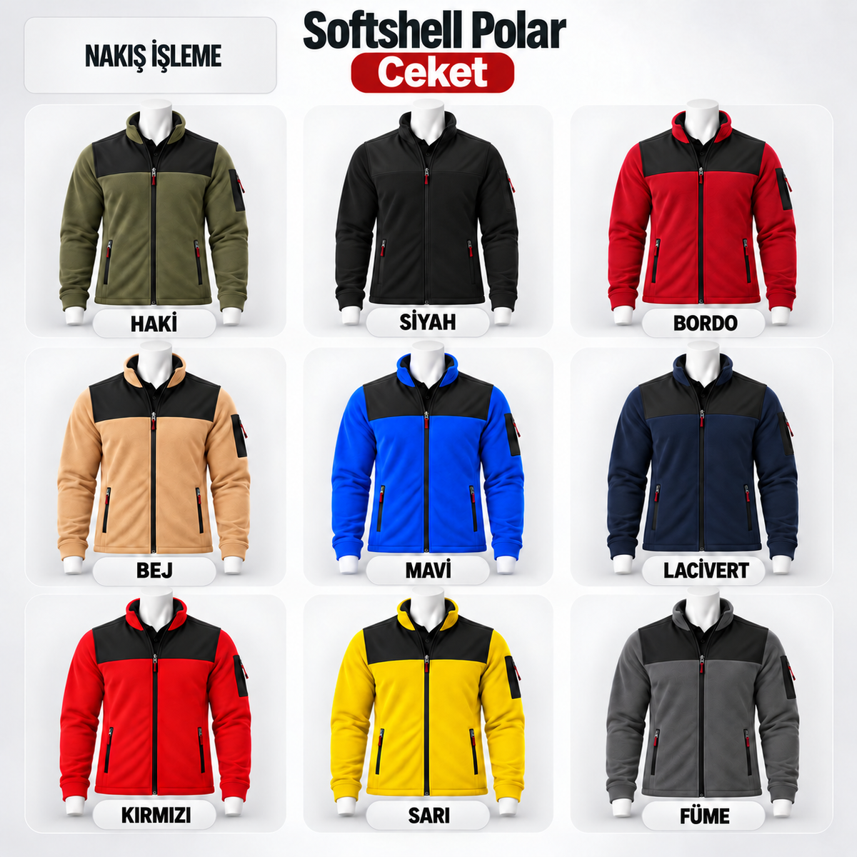 Softshell polar ceket renk seçenekleri — haki, siyah, bordo, bej, mavi, lacivert, kırmızı, sarı ve füme